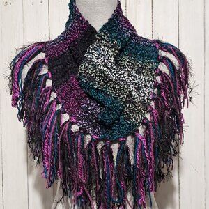NEW Hand Knitted Purple Black Cowl Scarf Fringe Boho Festival Whimsigoth Fairy